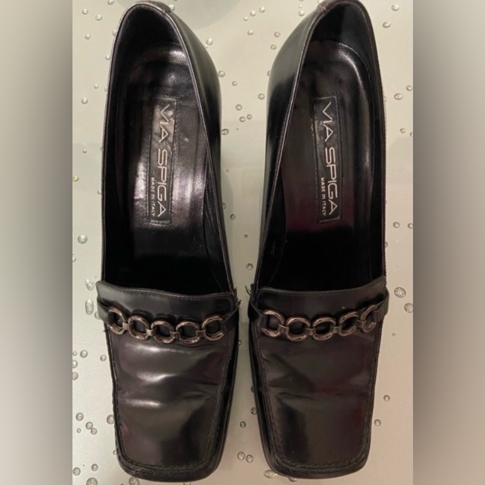 Via Spiga Black Leather Square Toe Block Heel Pump Size 7
